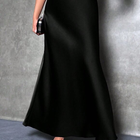 Black Casual Womens Solid Maxi Satin Skirt - Picture 4 of 5